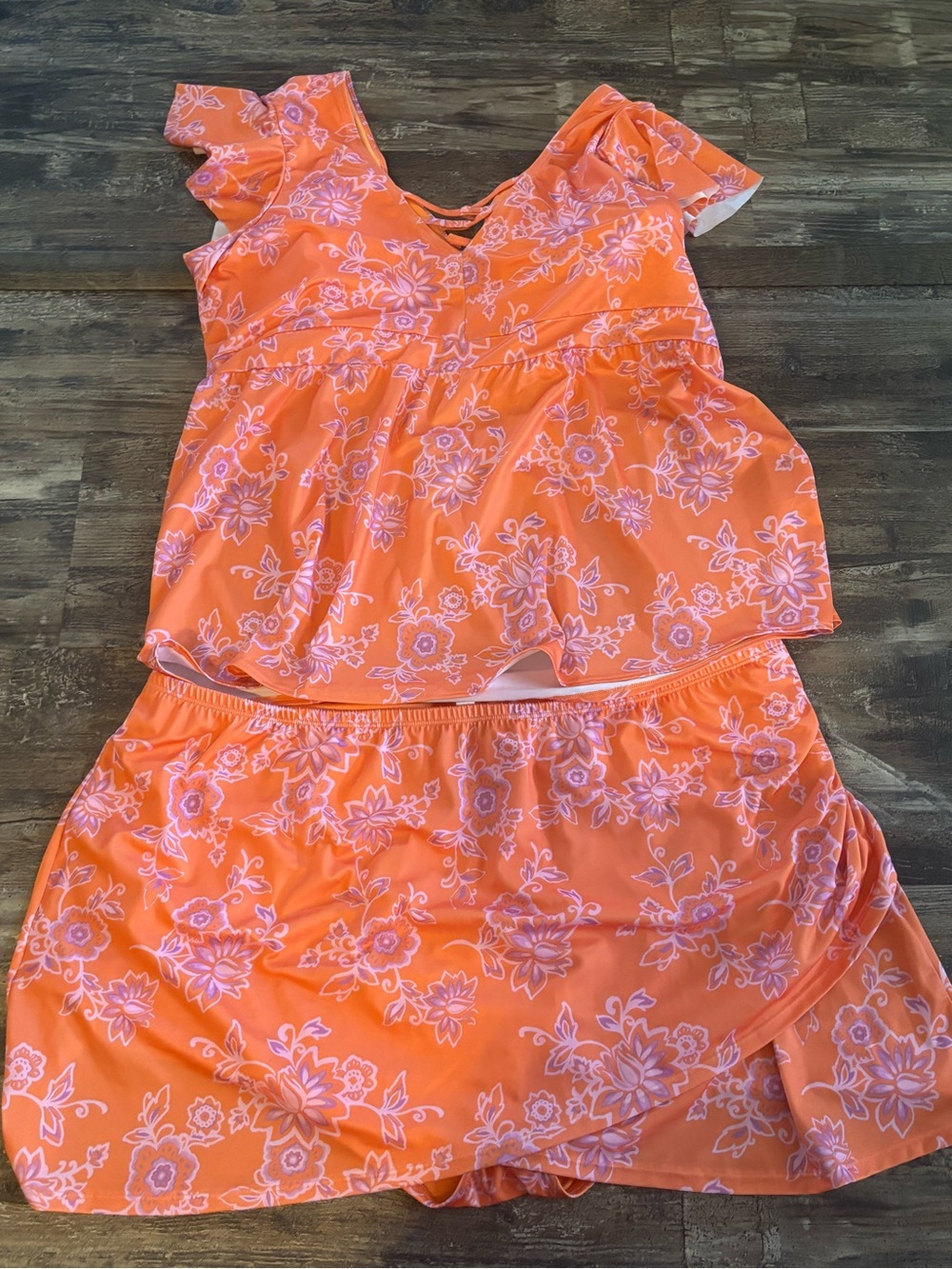 Cacique Orange Floral Two-Piece Skirt Set with Pink Accents